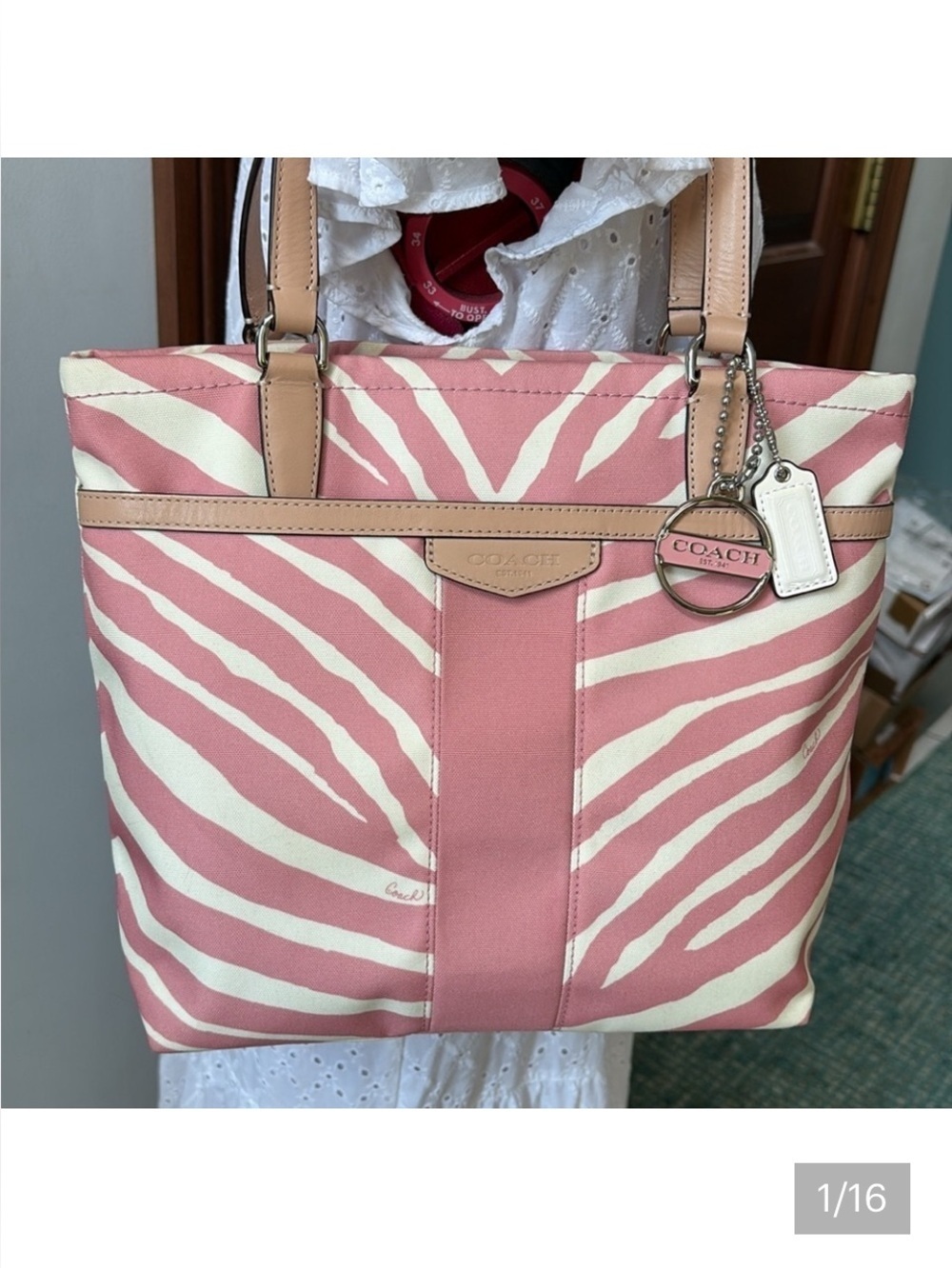 Coach Pink zebra striped tote canvas/light tan leather trim/2 hangtags like new
